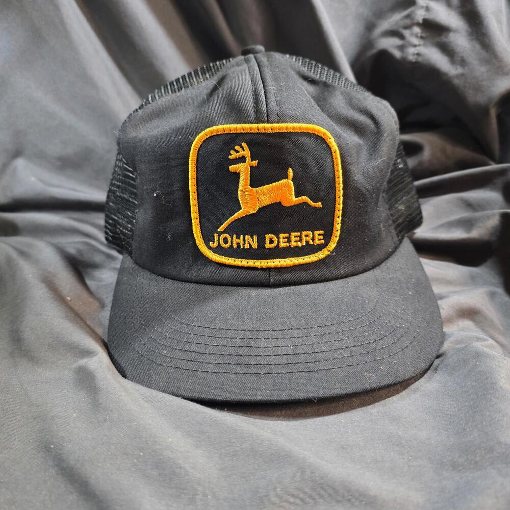 Vintage Black John Deere Patch Trucker SnapBack Cap Hat Half Mesh K-Products